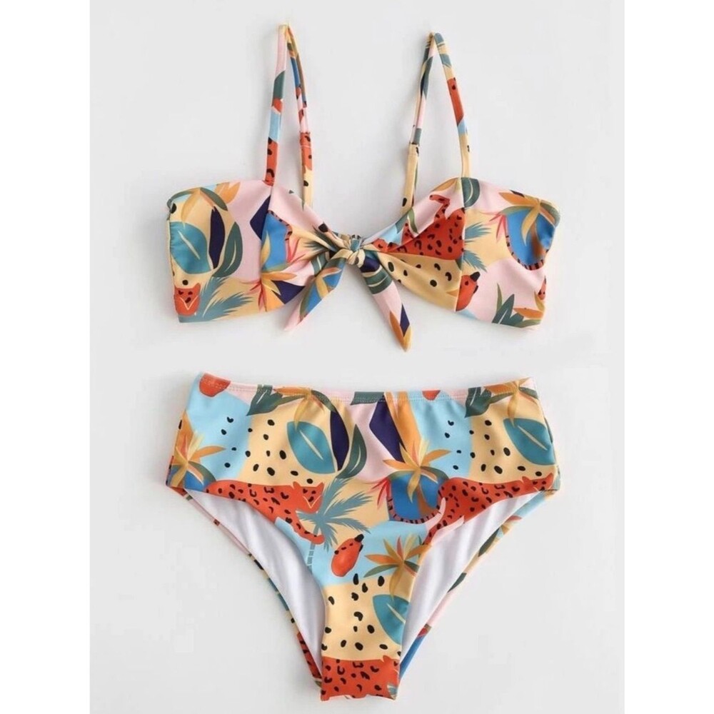 Colorful Tropical Print High Waist Bikini Set - Multicolor, XS, NWOT